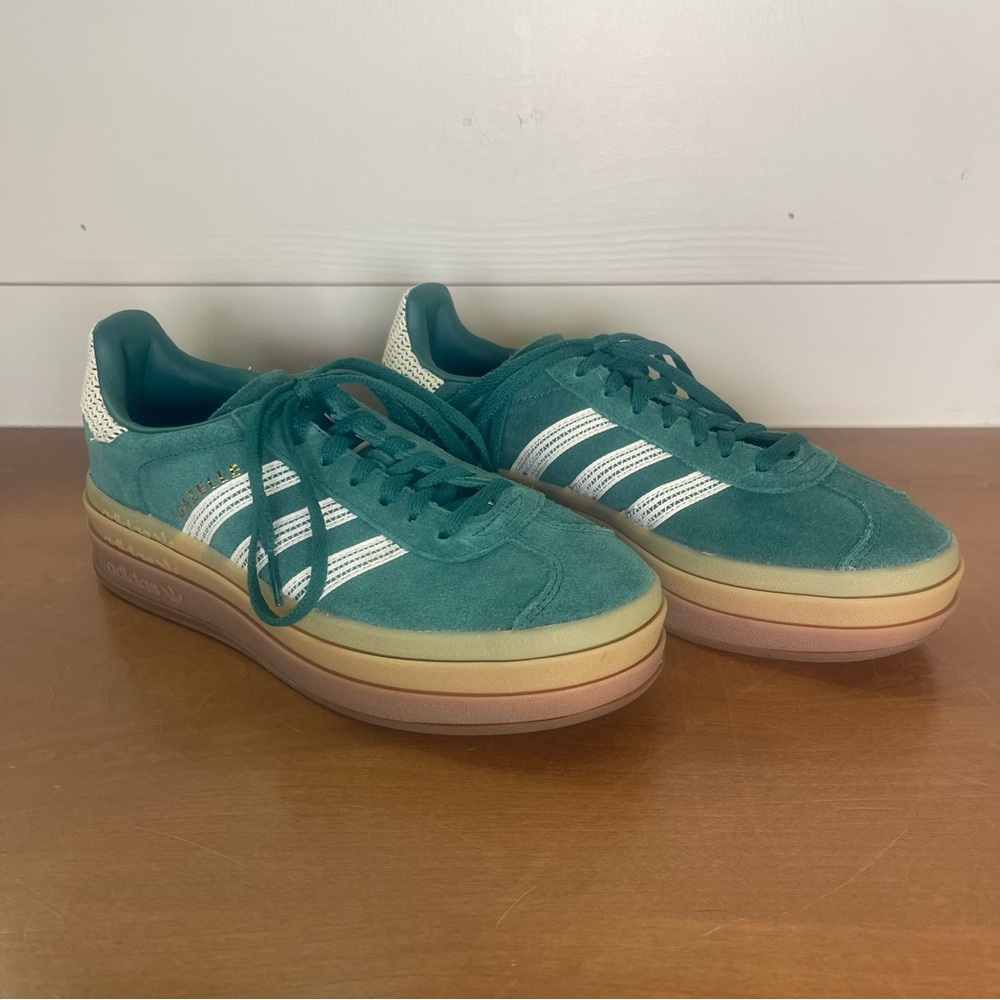Adidas Women Gazelle Bold Platform Green Tan Suede Layered Sneakers Size 7.5 EUC